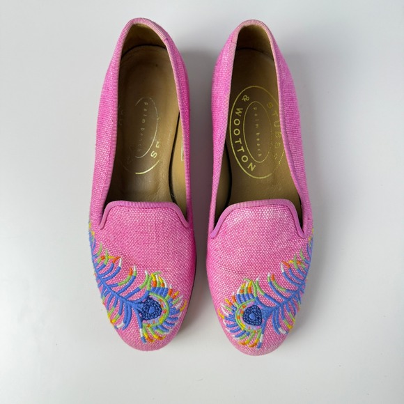 Stubbs & Wootton Womens Pink Embroidered Peacock Leather Loafers Flats Shoes 5.5 - Picture 4 of 11